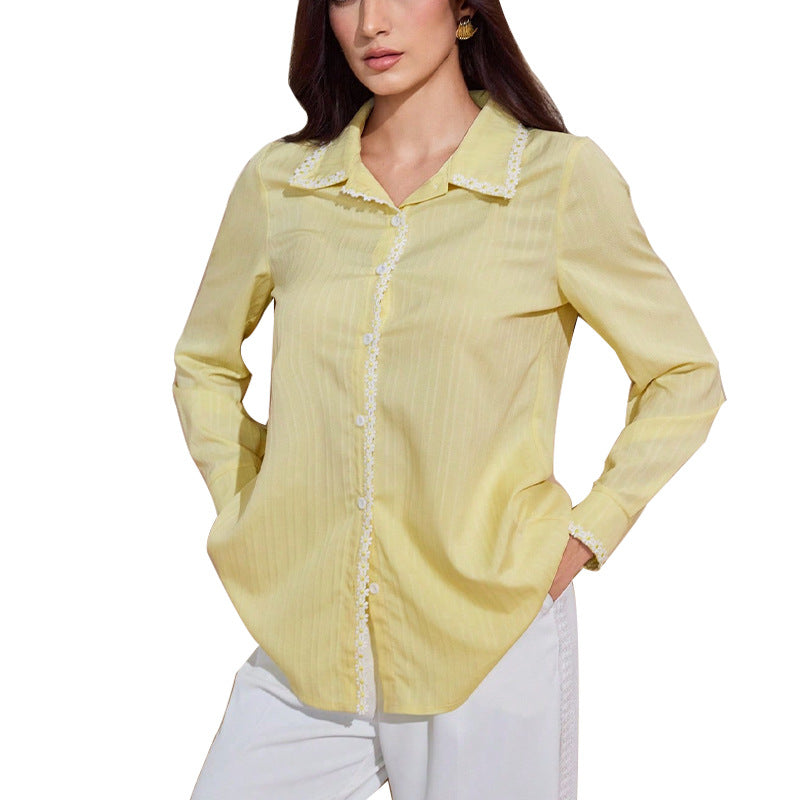 Europæisk og amerikansk temperament blonde langærmet skjorte ensfarvet cardigan top
