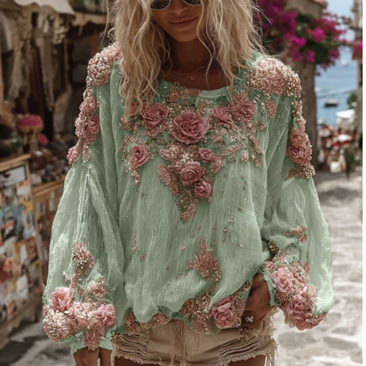 Women's 3D Printed Long-sleeved Shirt Loose All-match High-grade Top