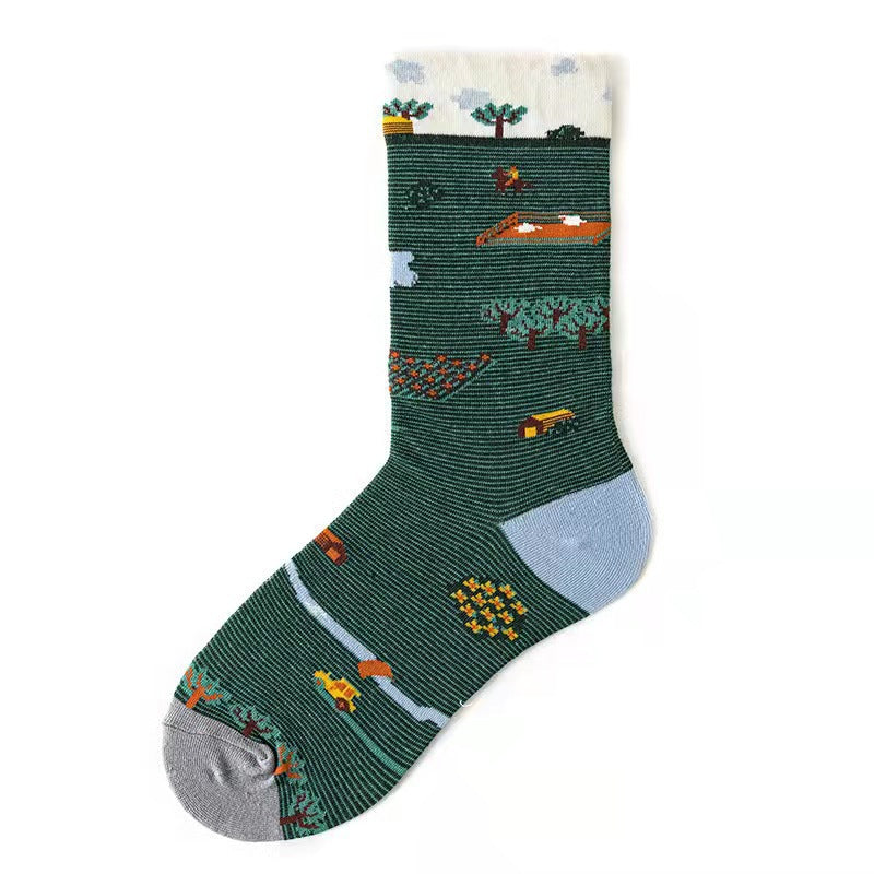 Trendy Mid-calf Length Socks Preppy Style Stockings Artistic Illustration Socks