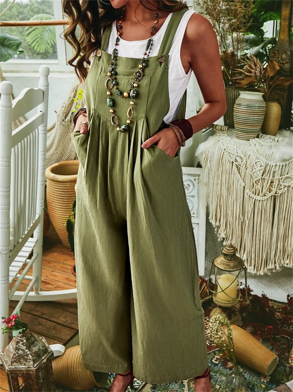 Women's Cotton Linen Pocket Casual Wide Leg Side Button Jumpsuit