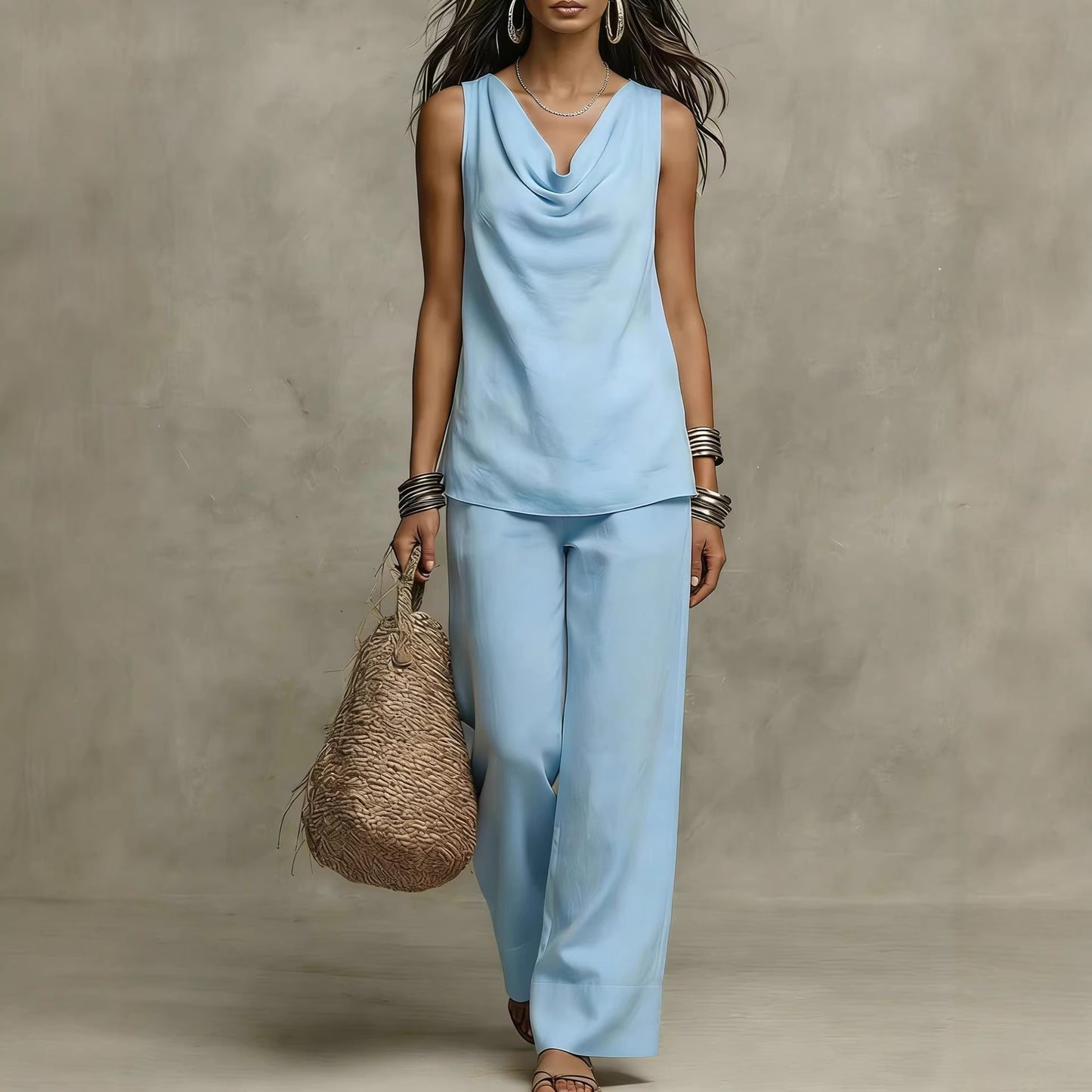 Womens Slash-Neck Sleeveless Tank Top And Casual Pants Set