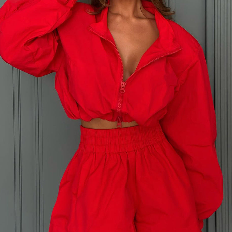 Women's Fashionable Long Sleeve Shorts Casual Two-Piece Set