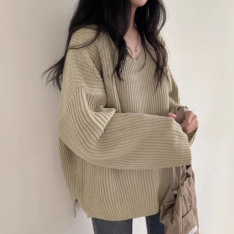 Women's V-neck Loose Leisure All-matching Long Sleeve Coarse Yarn Thick Sweater