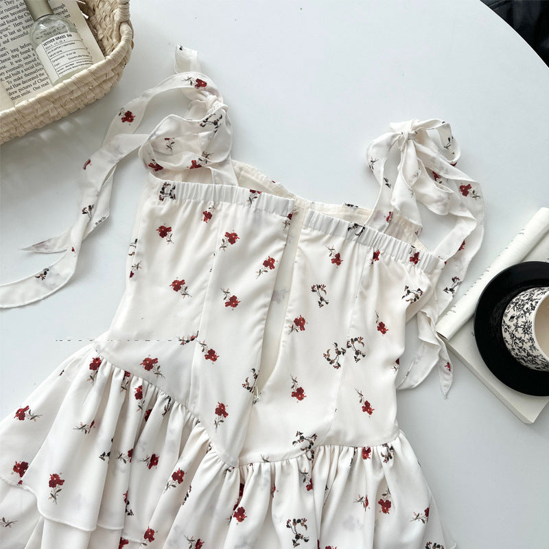 Women's French-style Floral Tea Break Waist Square Collar Suspender Skirt