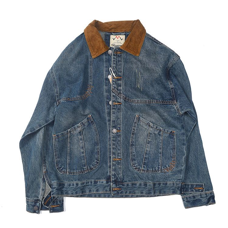 Patchwork Lapel American Retro Distressed Washed Denim Jacket