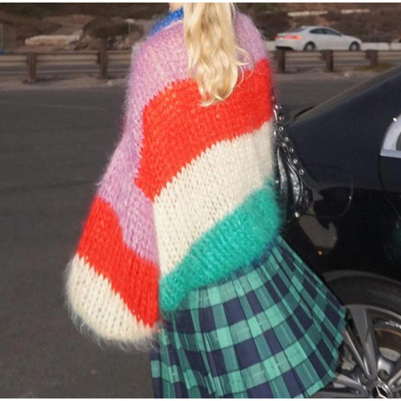 Round Neck Multicolor Lantern Sleeve Sweater Autumn And Winter