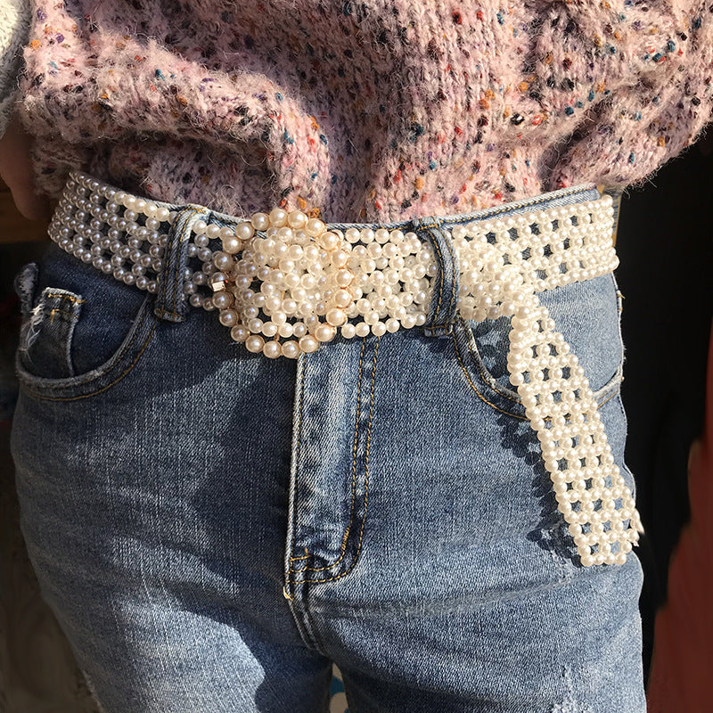 Net Red Handmade Beaded Pearl Ladies Belt Decoration Wild Skirt Diamond Braided Belt