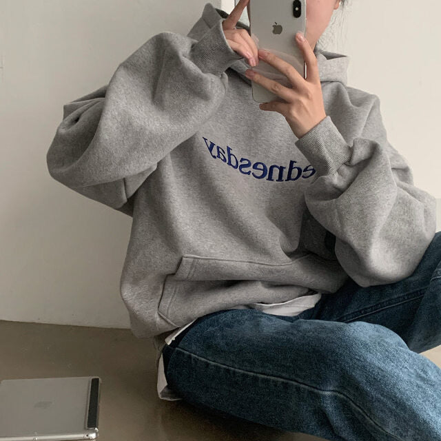South Korea Chic Winter Student Loose Embroidery Hooded Fleece Lined Sweater
