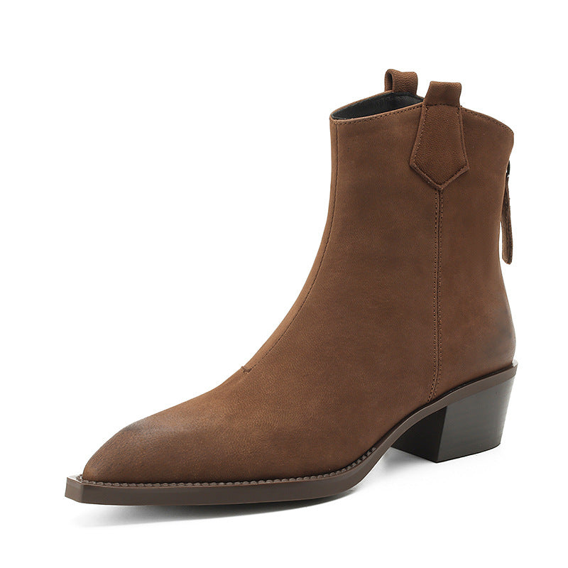 Women's Martin Boots Retro Light Brown Pointed Toe Chunky Heel Ankle Boots Winter New Style