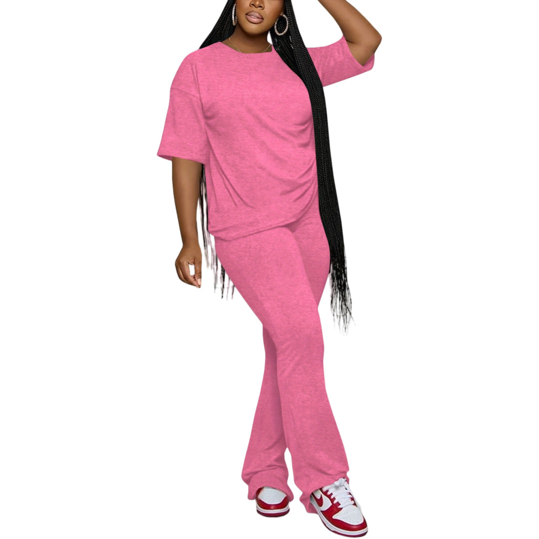 Casual Solid-Color Cotton-Like Crew-Neck Two-Piece Set