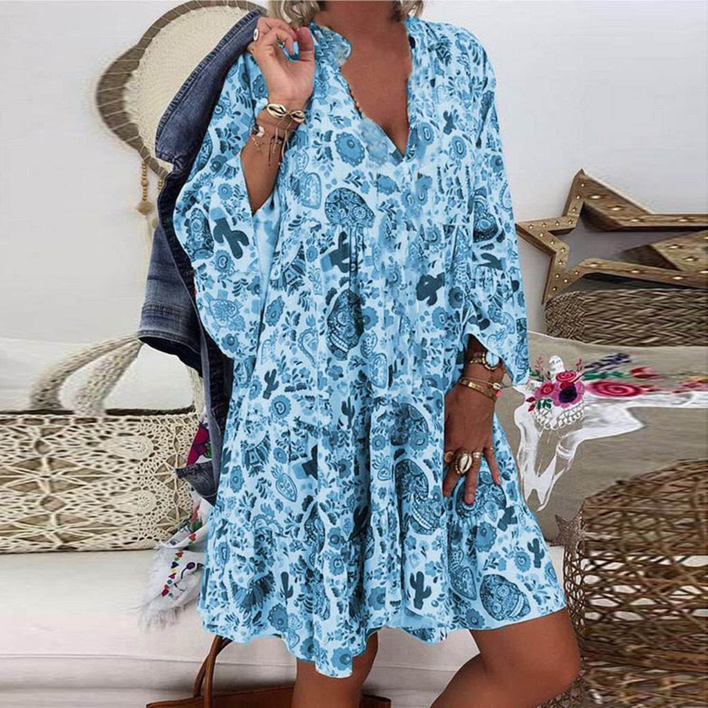 Printed Pointed Collar Button Ruffled Loose Dress