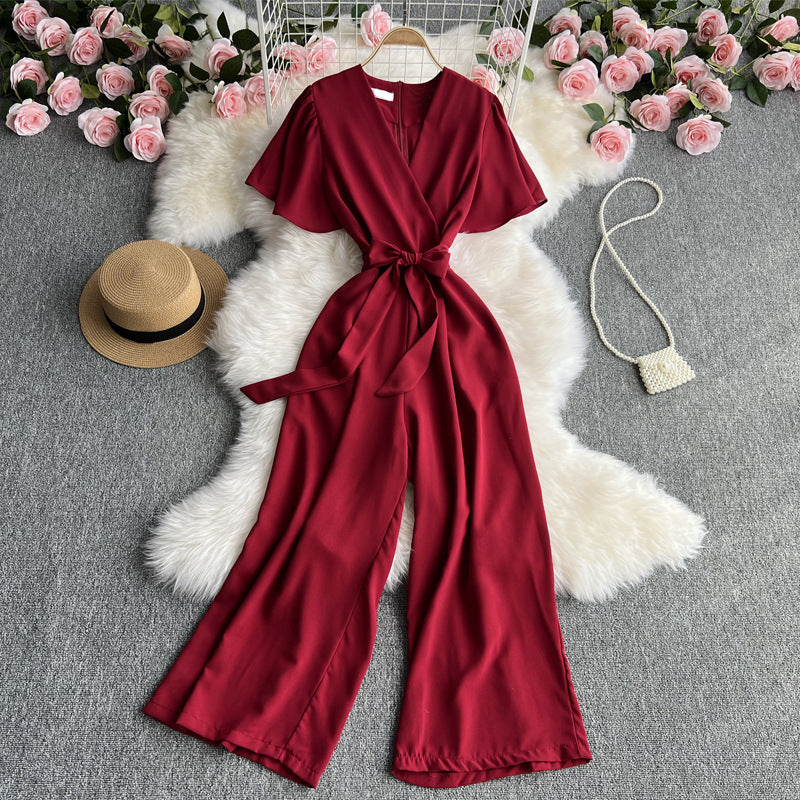 Retro Fashionable Temperament V-neck Short-sleeved Waist Jumpsuit