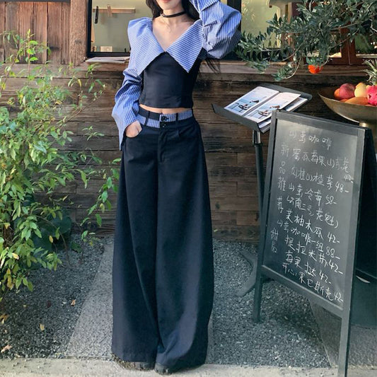 Striped Halterneck Chic Long-sleeve Shirt Paired With Draping Patchwork Wide-leg Pants