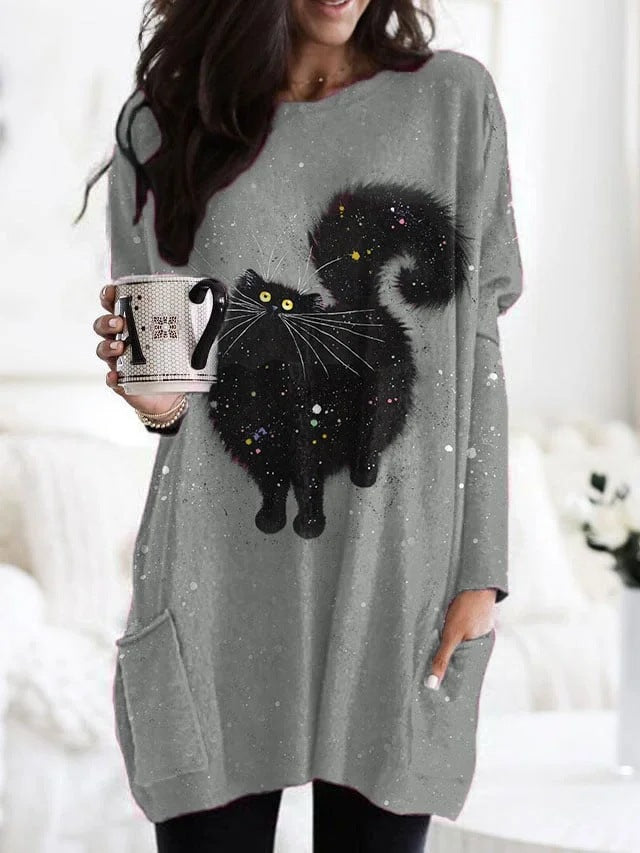Printed Round Neck Long Sleeve Women's Bag Hip Dress
