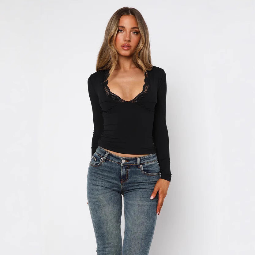 Fashion Slim-fit skulderlangærmet blondeblomst