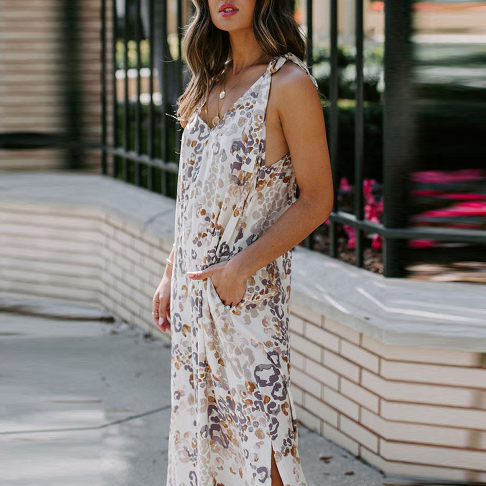 Leisure And Wild Plant Print Deep V Sling Fairy Skirt