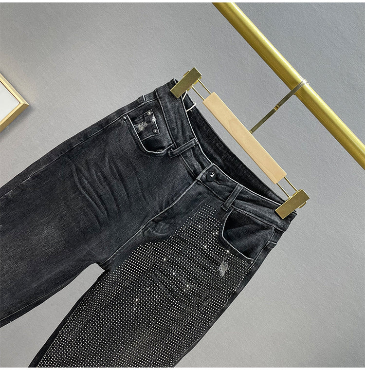 Loose Jeans Women's Cotton Elastic High Waist Slimming Hot Rhinestones