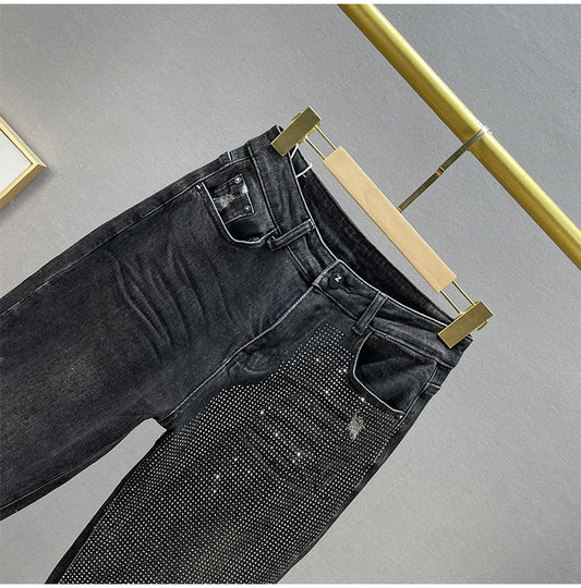 Loose Jeans Women's Cotton Elastic High Waist Slimming Hot Rhinestones
