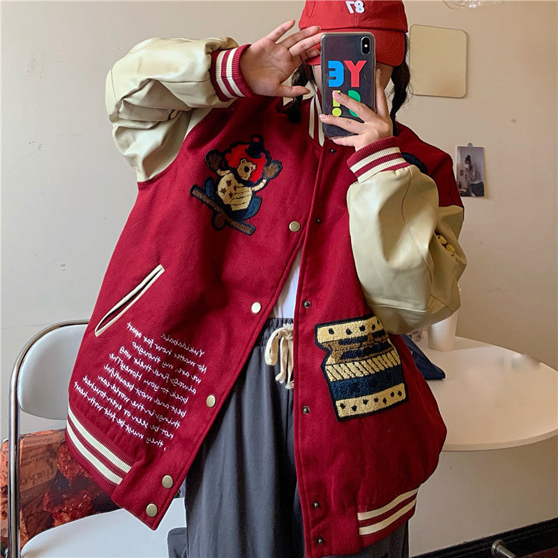 Luźna kurtka plus size w stylu Harajuku z haftem, pasująca do wszystkiego, kontrastowa kurtka dla studentów