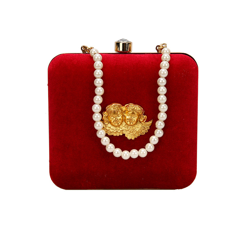 Fashion Red Velvet Pearl Chain Thin Chain Female Bag