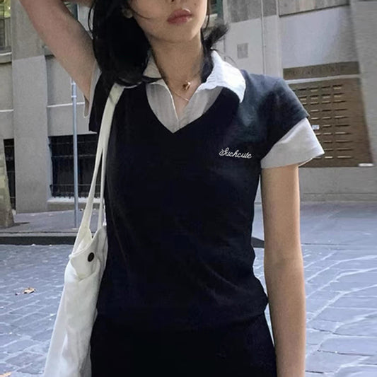 American College Style Polo Collar Stitching Fake Two Pieces Short Sleeve