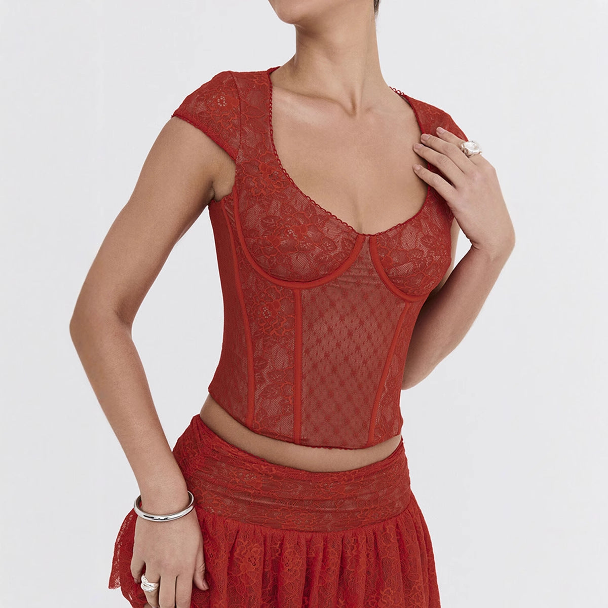 French-style Lace Polka-Dot Spliced Fishbone Lace Top
