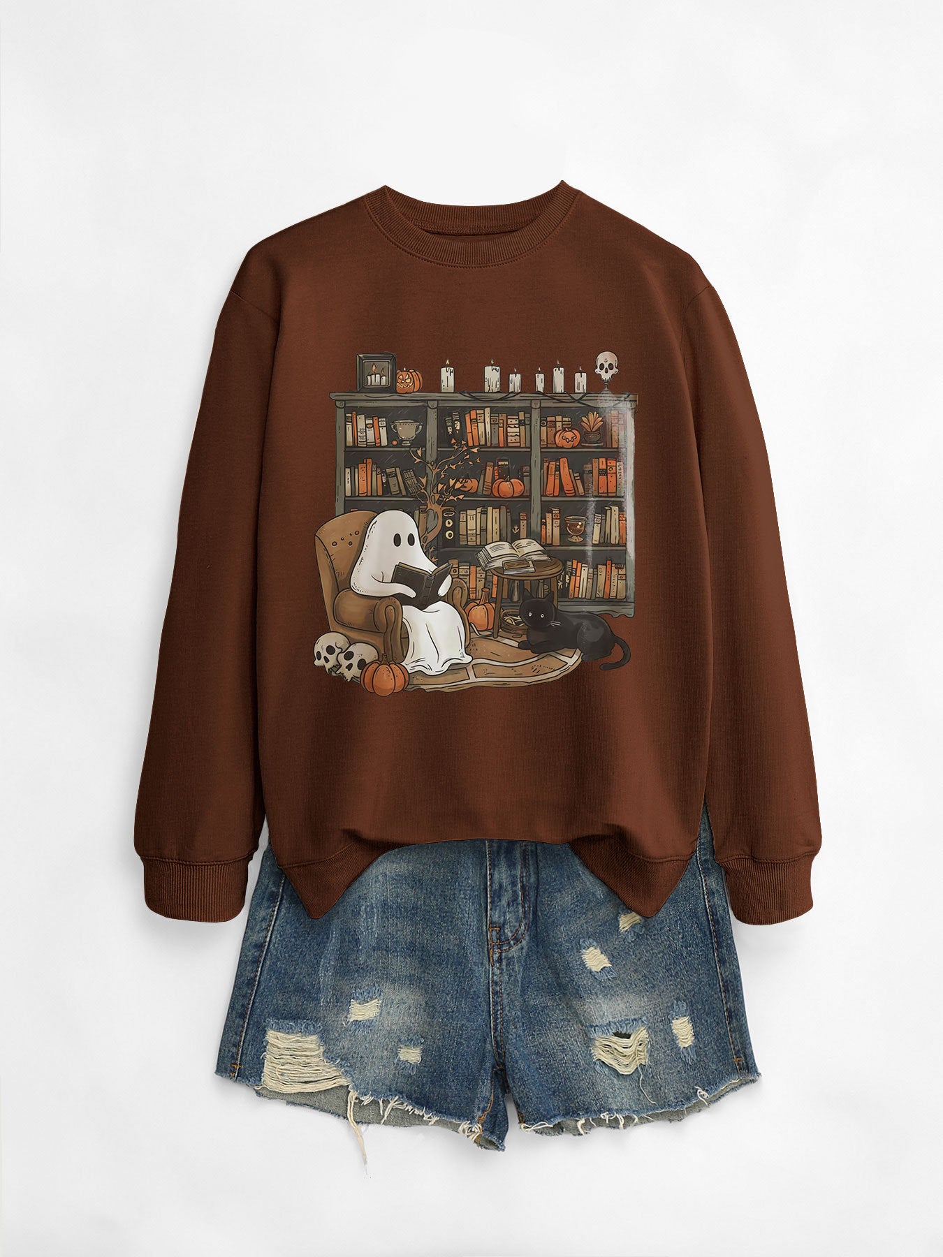 Printed Bookshelf Ghost Black Cat Round Neck Sweater