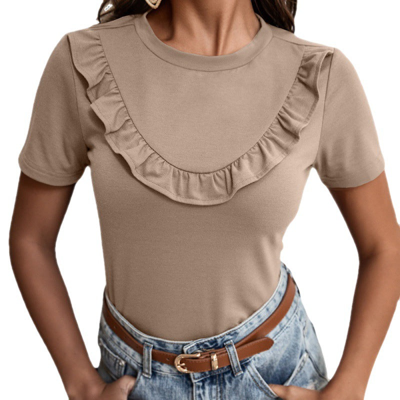 European And American Solid Color Fungus Edge Stitching Short-sleeved T-shirt