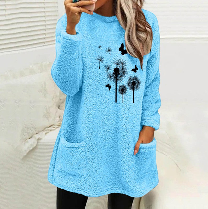 European And American Women's Round Neck Pullover Long Sleeve Pocket Embossed Double-sided Velvet Sweatshirt