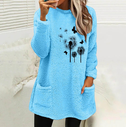 Europæisk og amerikansk rundhals sweater til kvinder, langærmet, med lommer, præget dobbeltsidet fløjls-sweatshirt