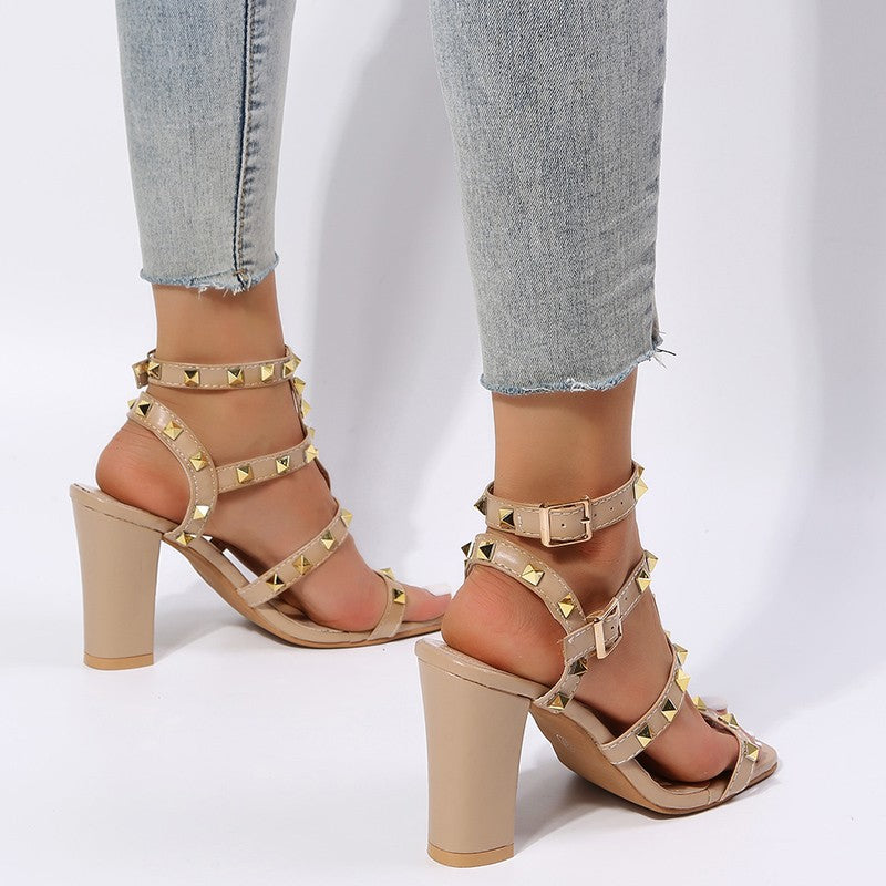 Women's Square Head Metal Rivet High Heel Sandals