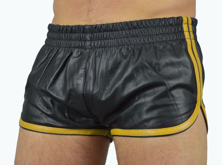 European And American Trend Men's Contrasting Color Hemming PU Leather Shorts