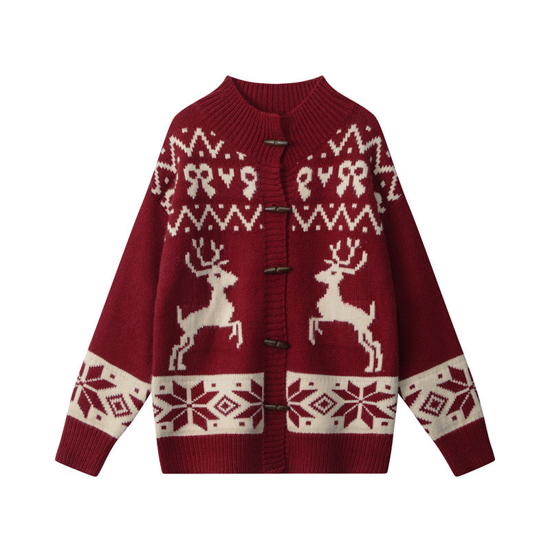Loose Knitted Jacquard Horn Button Retro Women's Cardigan Sweater