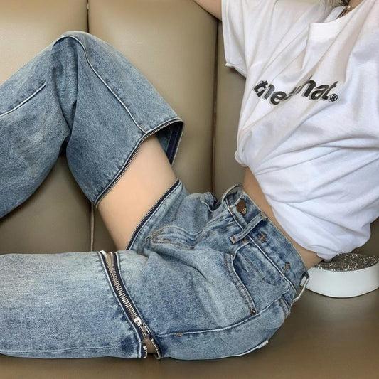 Women's Detachable Zipper Two-way Ripped Wide-legged Jeans