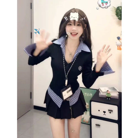 Fake Two-piece Plaid Long-sleeved T-shirt For Women Early Spring