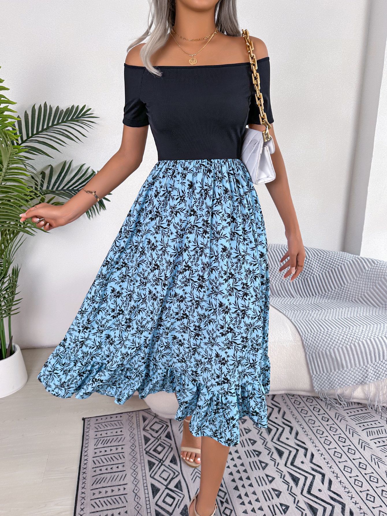 Women  Casual Off Shoulder Floral Print Ruffle Midi Dress