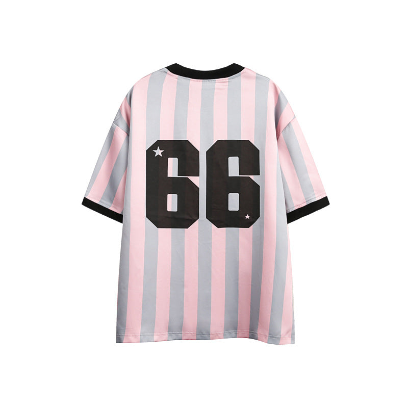 Stribet kontrast-syning T-shirt med korte ærmer og løs pasform