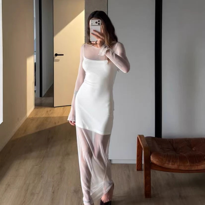 Elegant Womens Long-sleeve Mesh Dress With A Double-layer Design