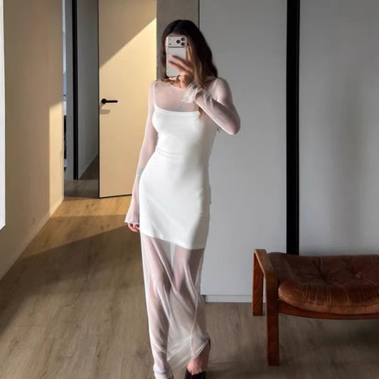 Elegant Womens Long-sleeve Mesh Dress With A Double-layer Design