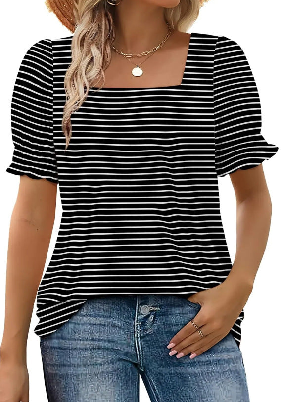 Mode Enkel U-hals Kronbladærme Løs T-shirt
