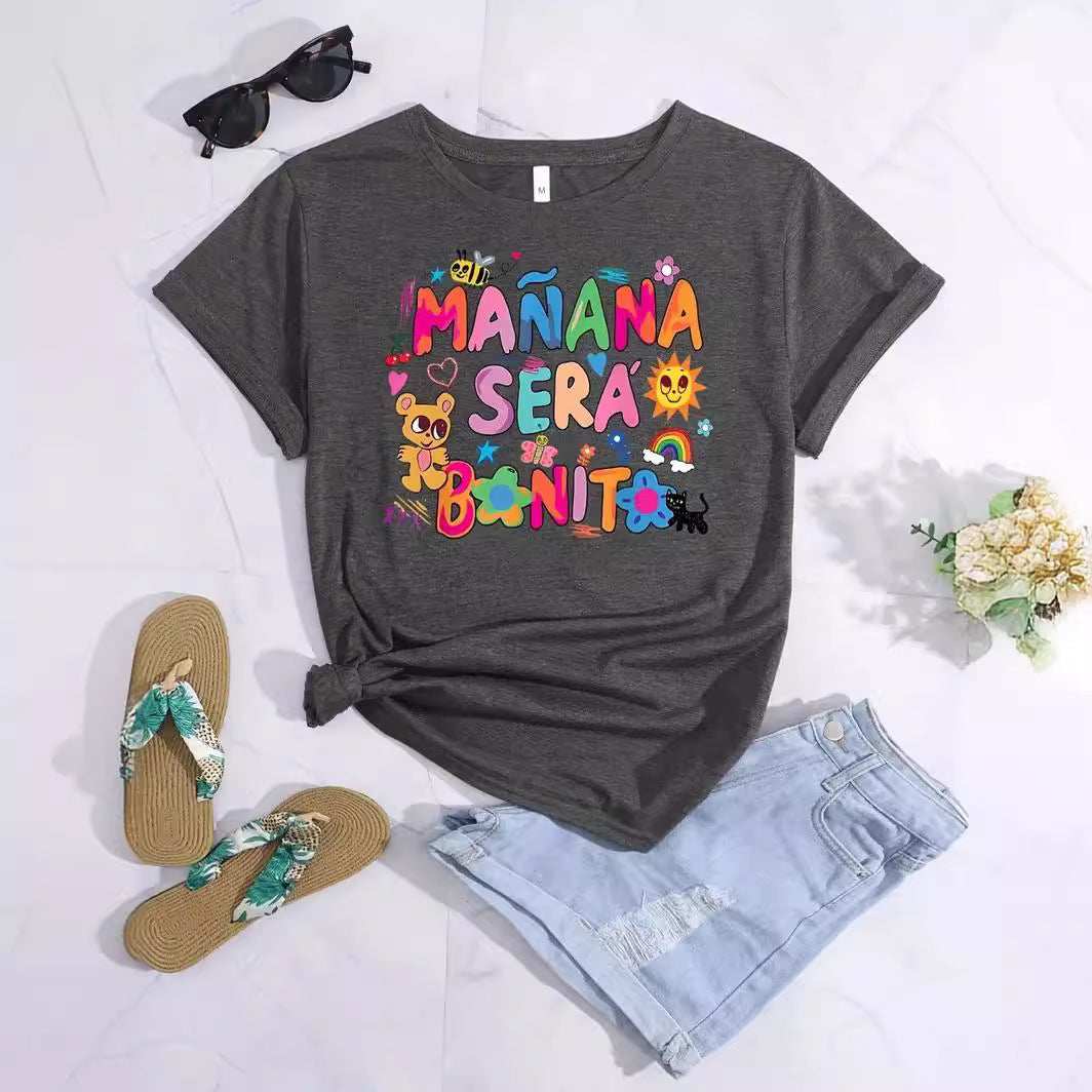 Round Neck Bear Letter Pattern Printed Short Sleeve