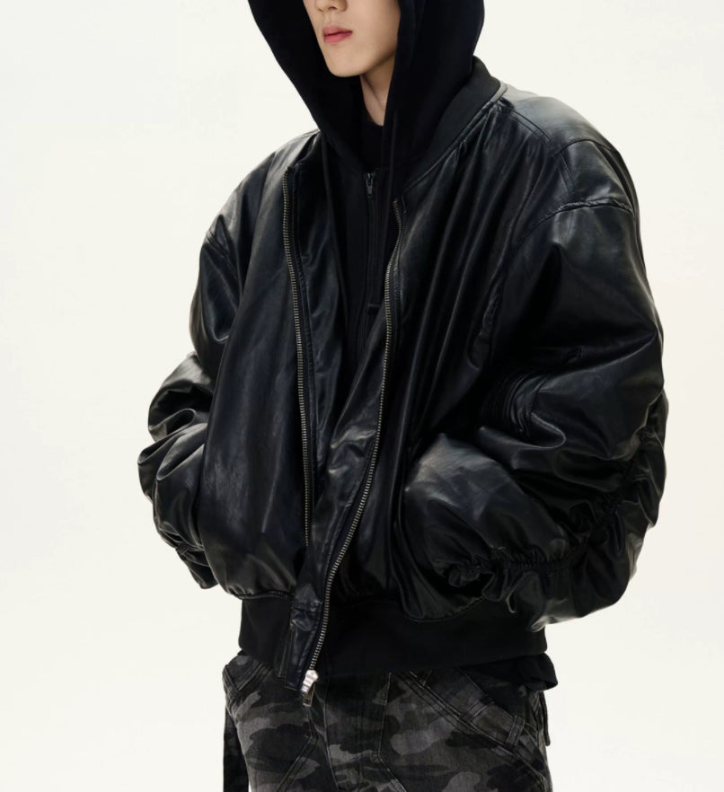 Fake Two-Piece Stitched Hooded Thickened PU Leather Padded Jacket Coat