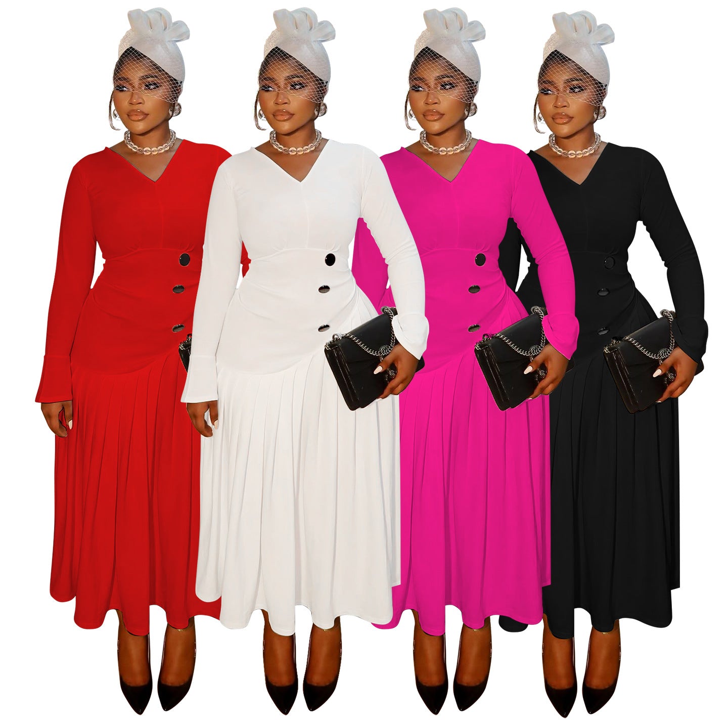 V-neck Waist-cinching Fashionable Pleated Maxi Skirt