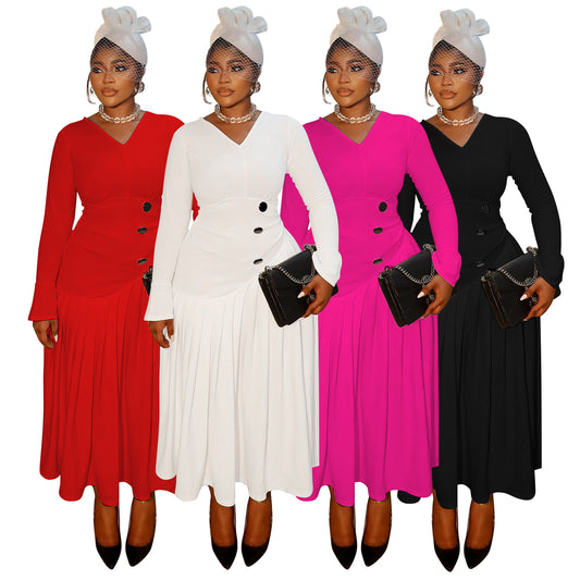 V-neck Waist-cinching Fashionable Pleated Maxi Skirt