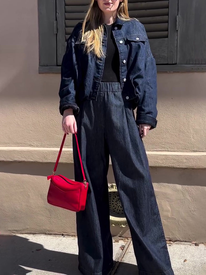 Mørk Denim Oversized Jakke og Buksesæt med Brede Ben