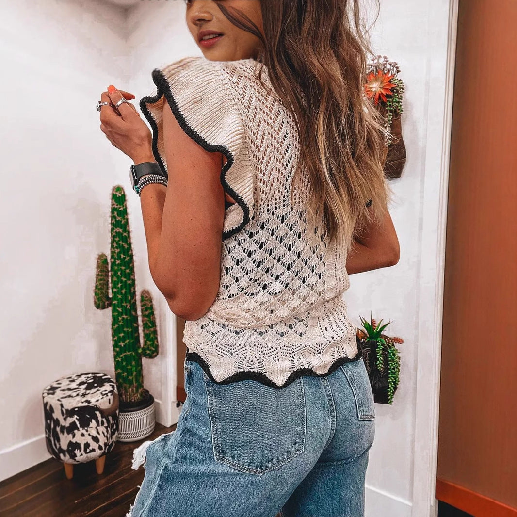 Crew-neck Knit Top With Hollow-out Design