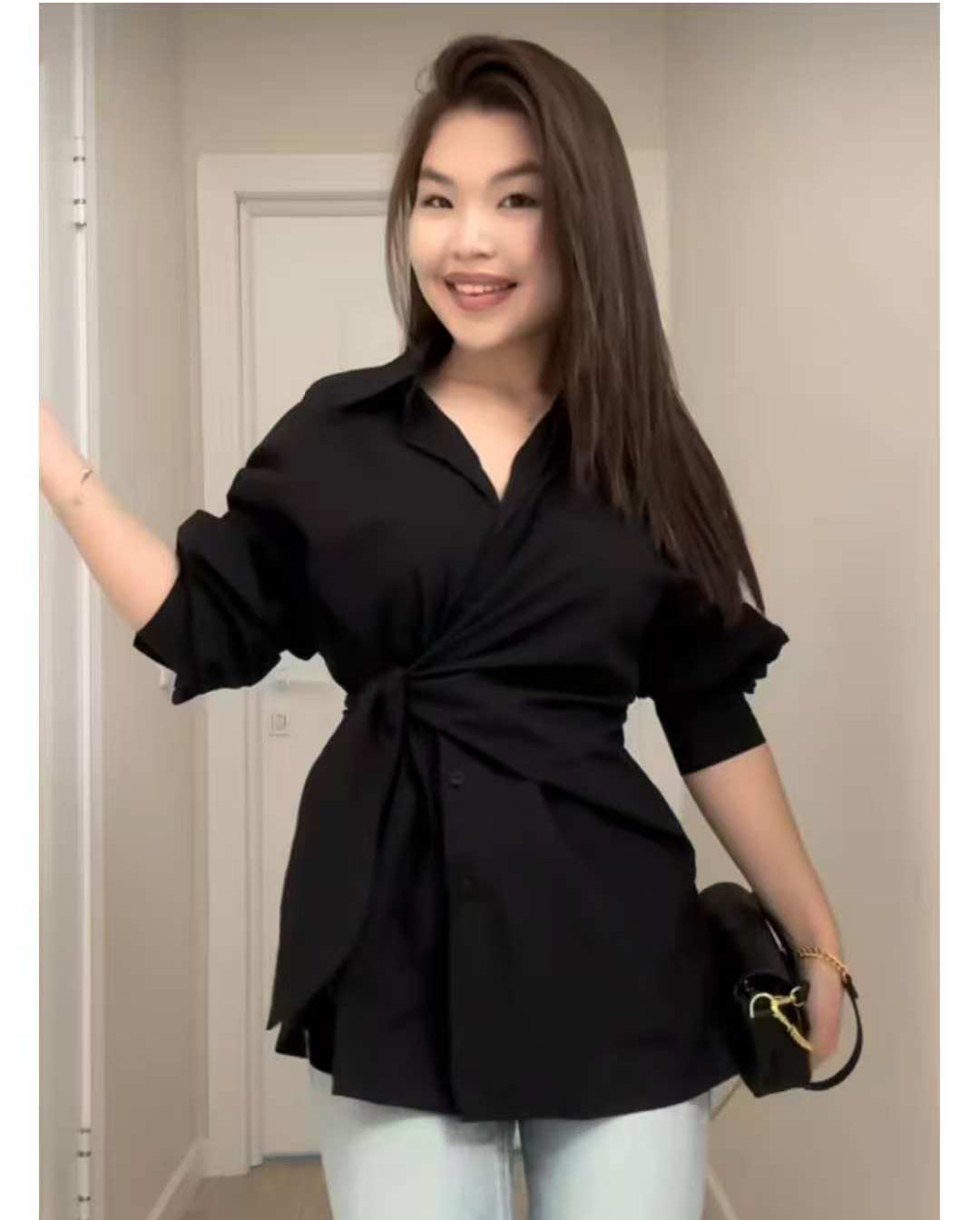 Turn-down Collar Single-breasted Tie-waist Slimming Shirt