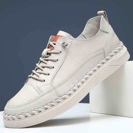 Men's Solid Color Versatile Genuine Leather Casual Sneakers