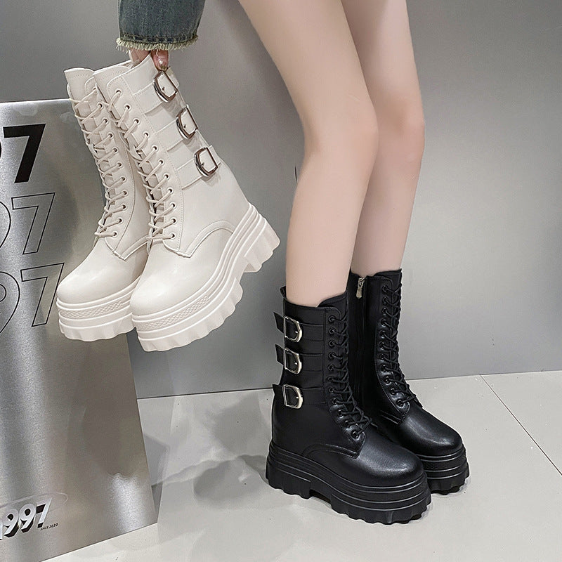 Womens Thick-soled Height-increasing Mid-calf Boots