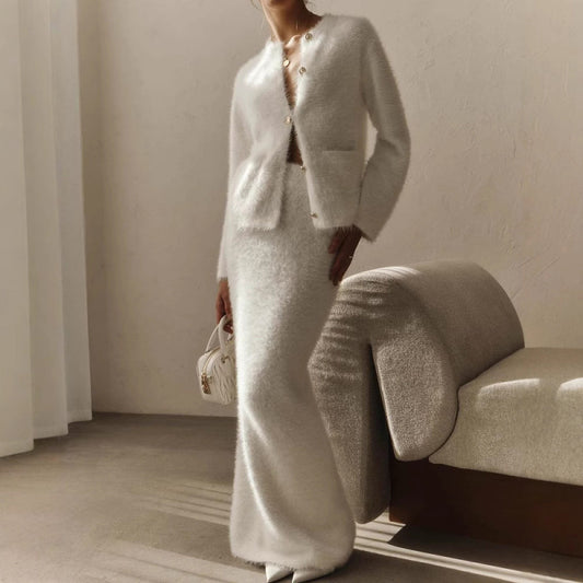 Women's Solid Color Long Sleeve Button Coat Skirt Fashion Suit